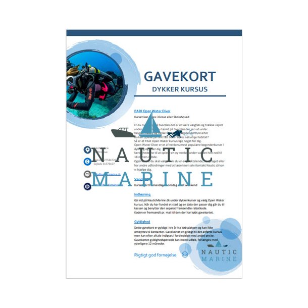 Gavekort Open Water Kursus incl undervisningsmaterialer og udstyr
